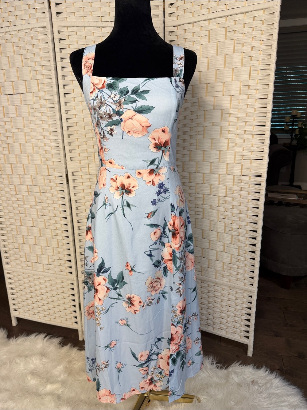 Petal & Pup Pastel Blue Midi Dress with Peach Floral Print